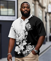 Men's Plus Size Black And White Floral Print Henley Collar Button Short Sleeve T-shirt